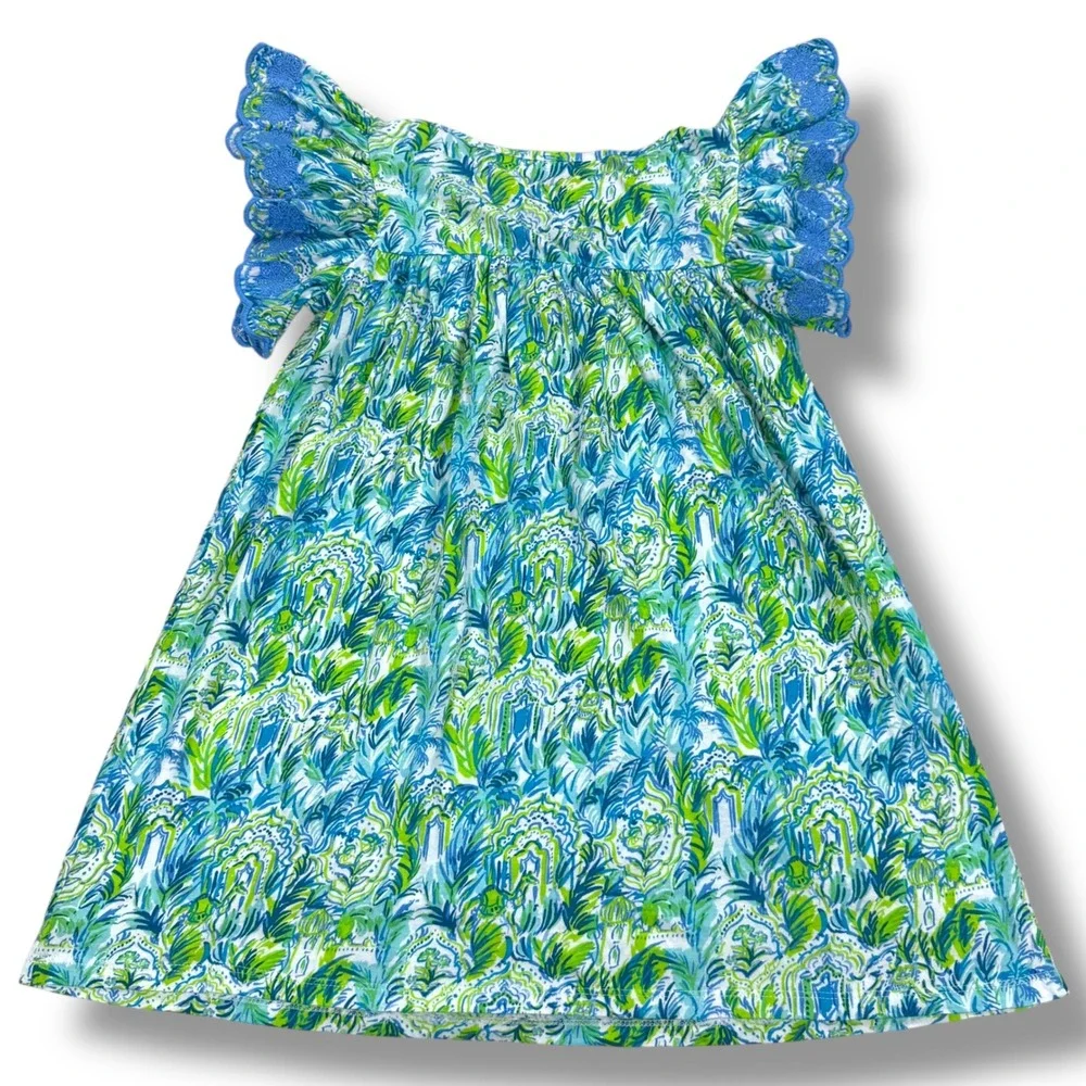 Lilly Pulitzer Girls Stassie Dress Out To‎ Play Blue Green Tropical Print Medium - Picture 5 of 10